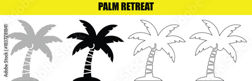 Palm retreat icon collection, minimalist black and white palm trees in silhouette and outline, tropical vacation symbol set