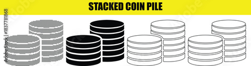 Stacked coin pile icon set, black and white illustrations representing finance, savings, and wealth
