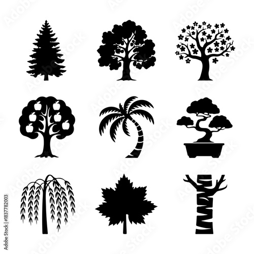 Tree Icon Set. Vector Design Pack Isolated on White Background. Grunge Stamp Vector Illustration.