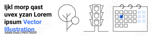 Urban design, environmental planning, scheduling, traffic systems, modern concepts, organization. Minimalistic graphics of a tree, traffic light and calendar. Urban design and scheduling