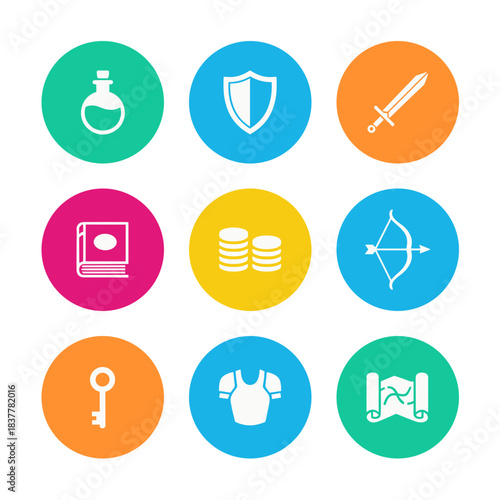 Set of nine colorful vector icons for role-playing games (RPG) and fantasy elements, including magic, combat gear, currency, and map items.