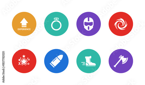 Eight colorful vector gaming and fantasy icons representing game elements and digital adventure, including experience, weapons, gear, and symbols.