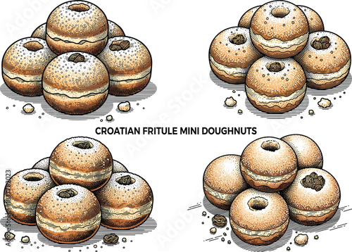 Croatian Fritule Mini Doughnuts Illustration Icon Set with Traditional Fried Pastry Balls and Vintage Hand-Drawn Dessert Art