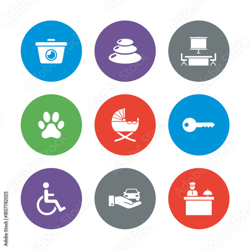 Set of nine colorful vector icons representing hotel services, personal care, and domestic life concepts, including amenities, accessibility, and family.