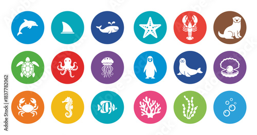 Set of eighteen colorful vector icons representing marine life, sea animals, and ocean creatures found in aquatic environments and underwater habitats.