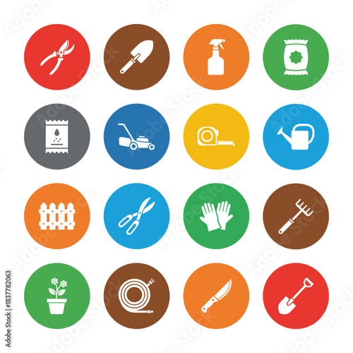 Sixteen colorful vector icons representing diverse gardening, landscaping, and horticultural tools and equipment for home and professional use.