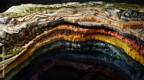 Detailed cross section of colorful geological strata revealing earth layers and subterranean rock formations in a dramatic display