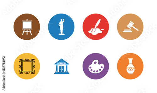 Eight colorful vector icons representing fine arts, culture, and creative endeavors like painting, sculpting, museums, and artistic heritage.