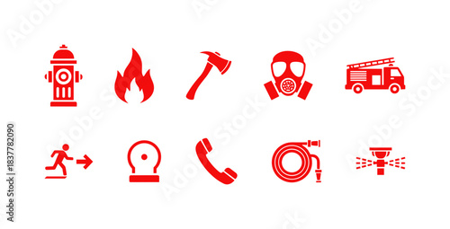 Set of ten red vector icons representing fire safety, emergency response, and firefighting equipment and procedures for public safety and awareness.