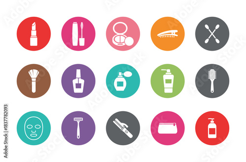 Collection of fifteen colorful vector icons representing beauty, cosmetics, and personal care products and tools for makeup, hair, and hygiene routine.