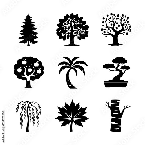 Tree Icon Set. Vector Design Pack Isolated on White Background. Grunge Stamp Vector Illustration.