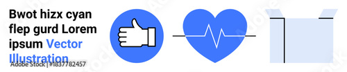 Feedback, health analytics, delivery services, support systems, approvals, logistics. Thumbs-up icon, heartbeat symbol and open box. Feedback and health analytics concept visually