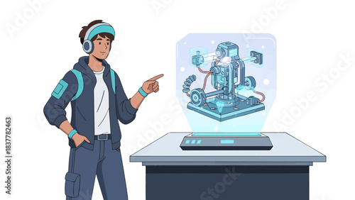 Young Man Interacting with Holographic Projection of Mechanical Blueprint