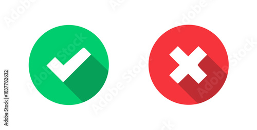 Flat checkmark and X circle icons for confirm and deny buttons used in apps and websites, simple choice symbols for checklist, approval, and selection UI.