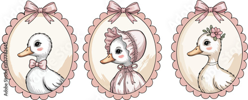 Set of three cute vintage-style duck portraits in oval frames with bows and bonnets