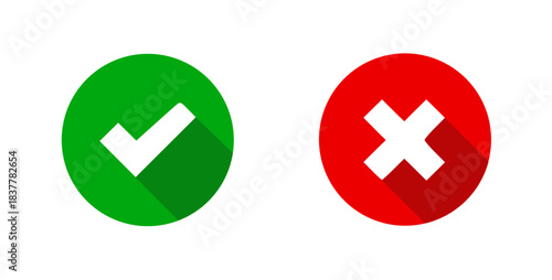 Flat checkmark and X circle icons for confirm and deny buttons used in apps and websites, simple choice symbols for checklist, approval, and selection UI.