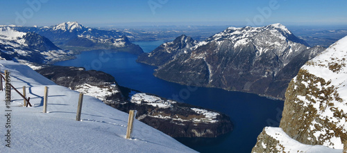 Lake Vierwaldstaettersee in winter, Mount Rigi and Pilatus, seen from Fronalpstock, Stoos, Switzerland.