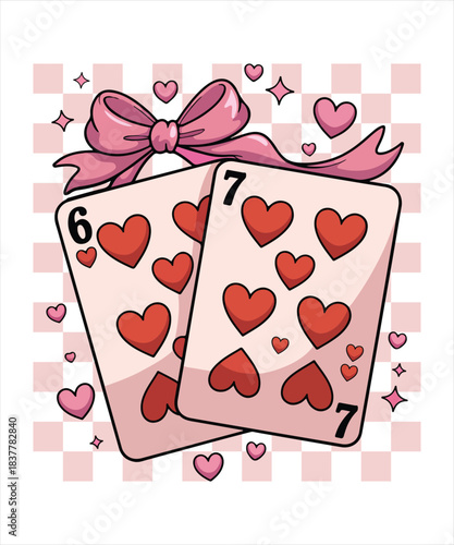 Pink six and seven of hearts playing cards with decorative bow and checkered background