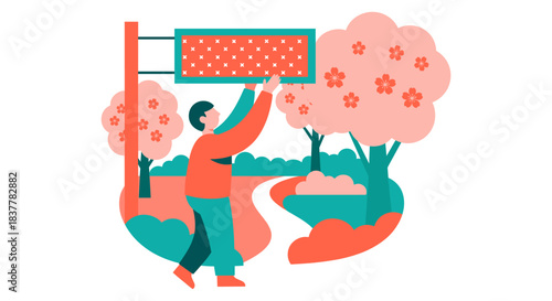 Modern flat vector illustration showing a man installing or adjusting a promotional sign or billboard on a pole in a scenic outdoor park environment. This artwork represents concepts of communication,