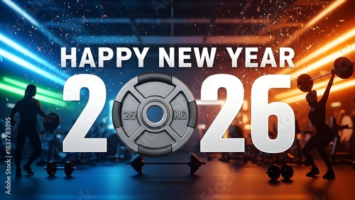 Happy New Year 2026 fitness banner with weight plate for gym promotions and workout resolutions

