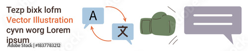 Language translation, communication tools, messaging, international relations, conflict resolution, global understanding. A boxing glove and translation icons. Language translation and communication
