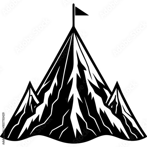 Mountain Peak with Flag Icon: Achievement, Success, and Challenge Symbol