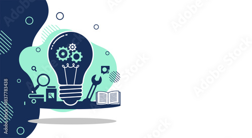 A modern flat vector design illustration depicting a conceptual solution. A dark blue light bulb containing mechanical gears symbolizes innovation, technical strategy, and engineering development. It 