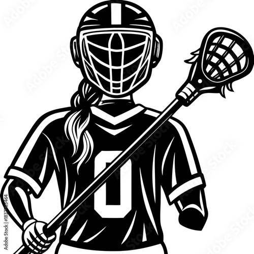 Female Lacrosse Player Graphic with Stick and Helmet: Sports Mascot