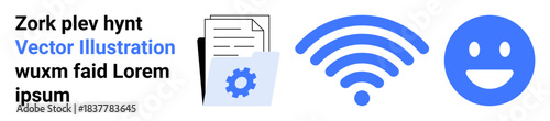 Digital connectivity, remote work, file sharing, communication, mobile technology, positive feedback. Image shows documents, gear icon wireless signal and happy face. Digital connectivity