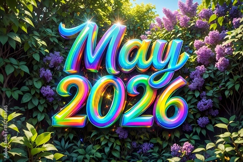 May 2026 3D Colorful Text Surrounded by Lilac Flowers and Green Foliage