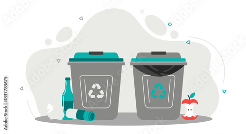 Flat vector illustration depicting two separate waste bins for recycling and general trash, promoting responsible waste management and sustainability concepts. This modern graphic is ideal for environ