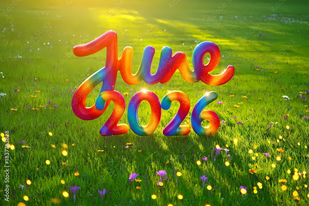 Fototapeta premium June 2026 3D Text on Lush Green Grass Field with Sunlight and Wildflowers