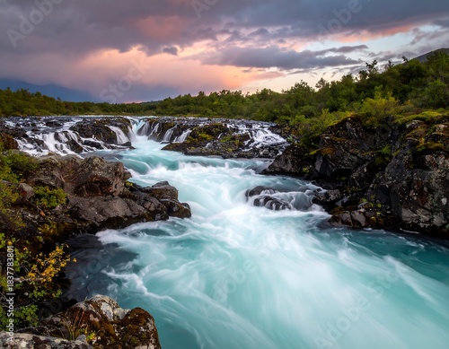 Waterfall flowing rapidly through rugged terrain, sky lit by sunset