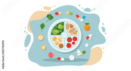 Flat vector illustration depicting a concept of nutrition and wellness, featuring a divided portion plate filled with healthy vegetables and foods, surrounded by various pharmaceutical pills, capsules