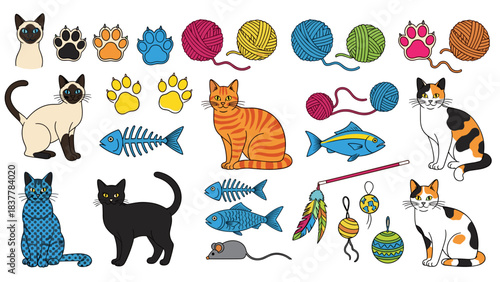 Colorful cats and toys illustration set white