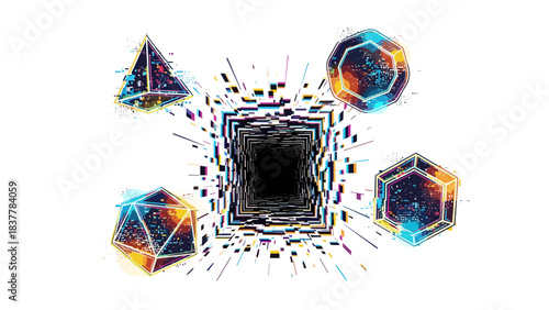 Abstract geometric shapes with digital glitch effect white