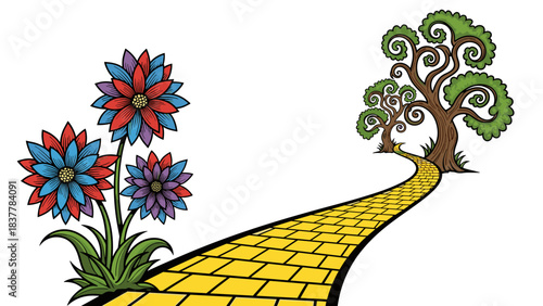 Colorful flowers and tree with yellow brick road white