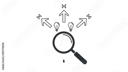 Magnifying glass with arrows and light bulbs white