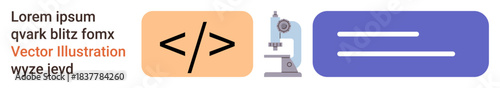 Web development, programming, coding education, scientific research, experimentation, innovation. Programming symbol, microscope equal sign . Web development and innovation concept