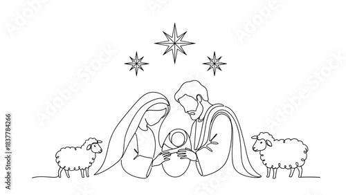 Nativity scene line art illustration white