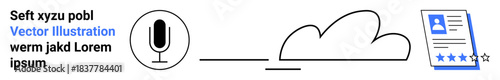 Digital technology, data storage, user reviews, cloud computing, voice recognition, online identity. A microphone, cloud and user profile with star rating. Voice recognition and data storage