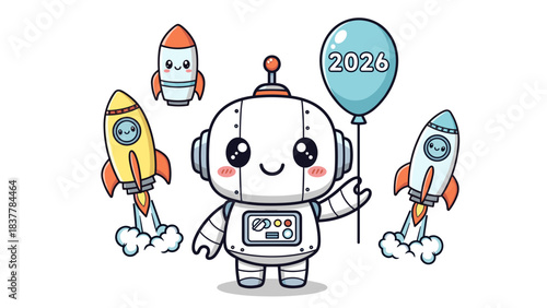 Cute robot with rockets and balloon 2026 white