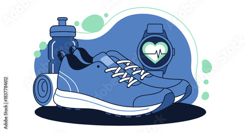 Modern flat vector illustration showcasing essential fitness equipment, including blue running shoes, a water bottle, a rolled mat, and a smartwatch displaying a heart rate monitor. This graphic repre