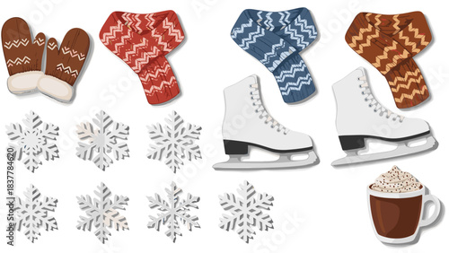 Winter accessories and snowflakes white