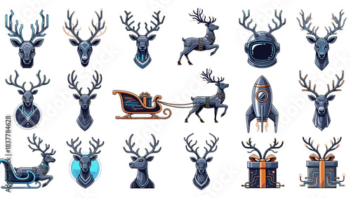 Collection of blue reindeer and sleigh illustrations white