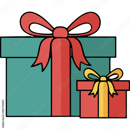 Two Festive Gift Boxes Teal And Red With Red And Yellow Ribbons Tied In Bows Celebrate Presents Occasion Surprise Holiday Celebration