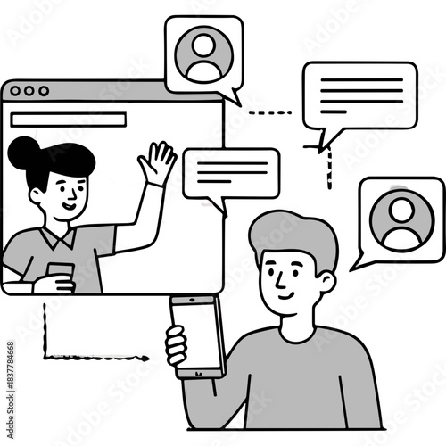 Two Friends Connecting Online Via Social Media Messaging App With Mobile Phone And Computer Interface Showing Chat Bubbles And Avatars Digital Communication Concept
