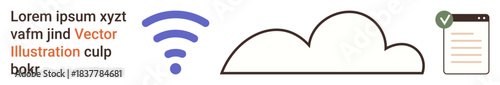 Cloud storage, wireless networks, data verification, technology services, internet security, digital connectivity. wireless signal, cloud shape and checklist. Cloud storage and wireless networks