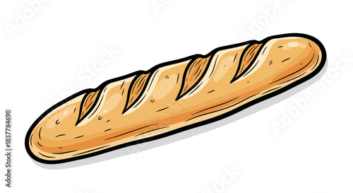 A beautifully illustrated golden-brown French baguette, freshly baked with a crispy crust, presented as a hand-drawn cartoon on a clean white background.