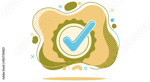 Abstract and modern vector illustration featuring a bright blue checkmark inside a circular badge or certificate seal. The surrounding organic shape uses stylish, muted earthy tones like yellow and ol